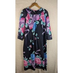 Vtg Poly Floral House Dress One Pocket Tiger Lily Rare Mod Hippie‎ Zip CLOSE